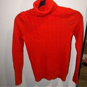 J. Crew Size XS Cashmere Wool Blend Orange Red Turtleneck Cable Sweater *flaw